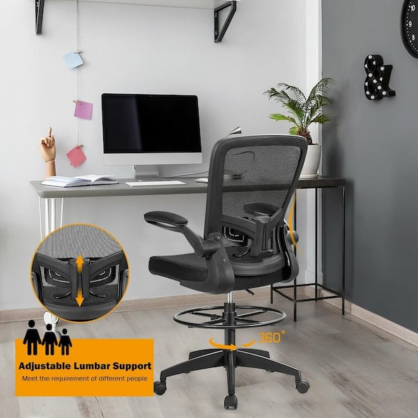 FORCLOVER Swivel Black Mesh Fabric Seat Office Drafting Chair with Flip-Up Arms and Lumbar Support