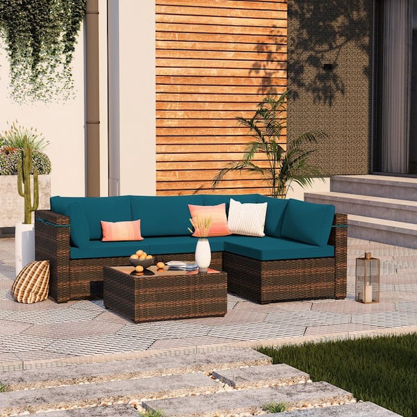 5-Piece Brown Wicker Patio Conversation Set Outdoor Sectional Sofa Set with Coffee Table and Lake Blue Cushions
