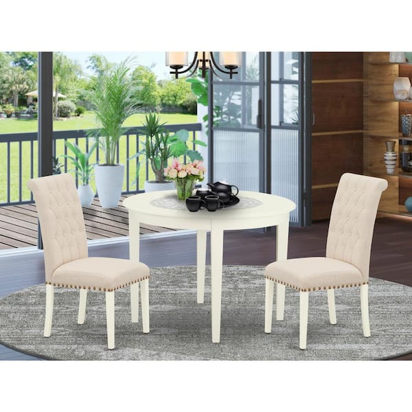 East West Furniture 3-Piece White Finish Round Solid Wood Top Dining Table Set