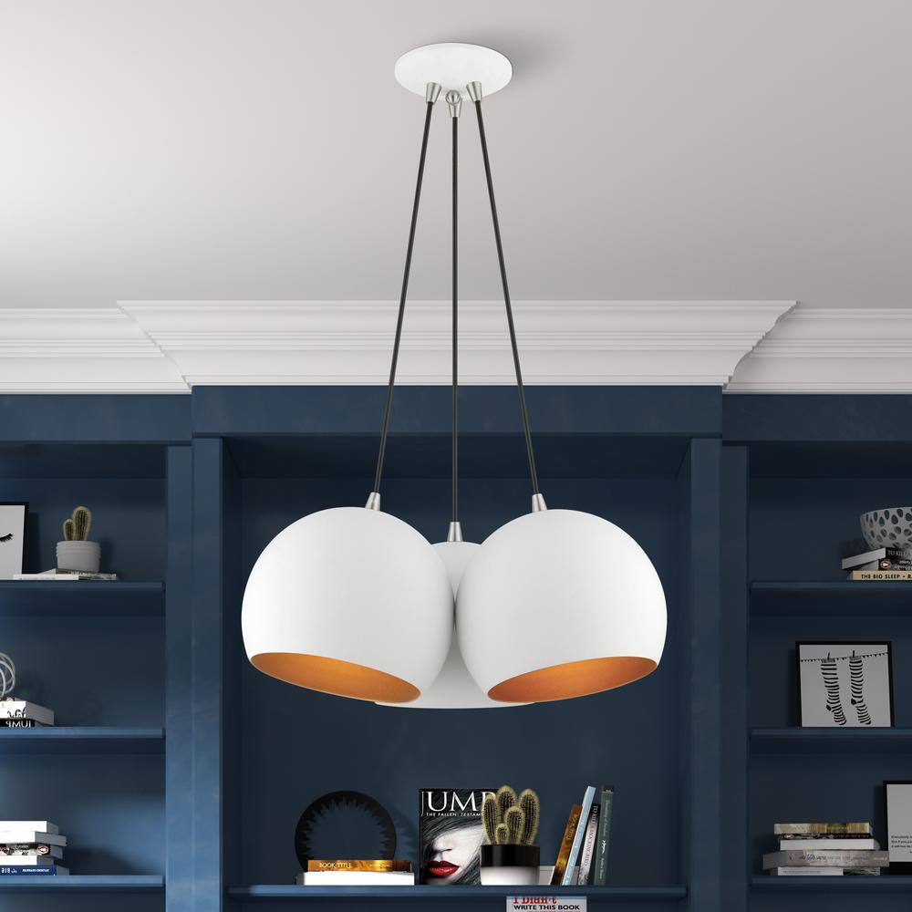 Piedmont 3-Light White Globe Pendant with Gold Interior & Brushed Nickel Accents