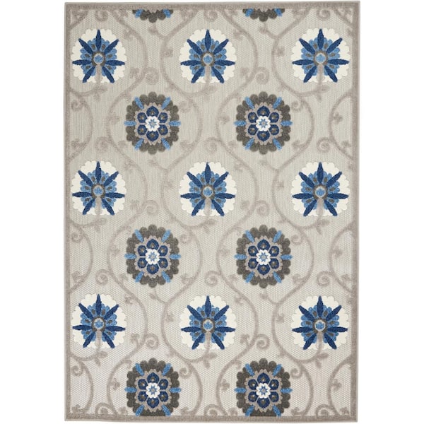 Nourison Aloha Gray/Blue 4 ft. x 6 ft. Floral Modern Indoor/Outdoor Patio Area Rug