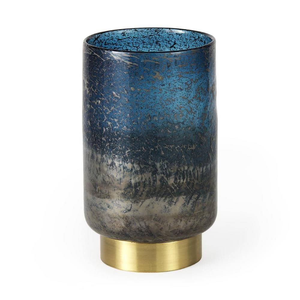 10" Blue and Smoky Gray Glass Vase with Gold Base
