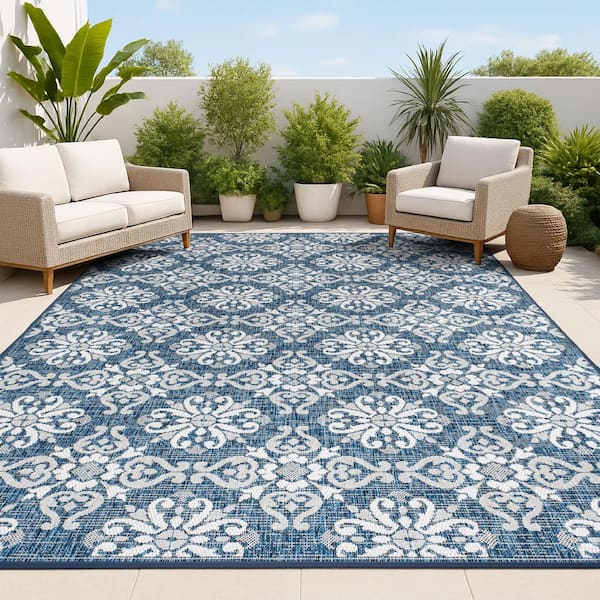 Amora Traditional Mediterranean Tile Design Navy/Cream 8 ft. x 10 ft. Indoor/Outdoor Area Rug