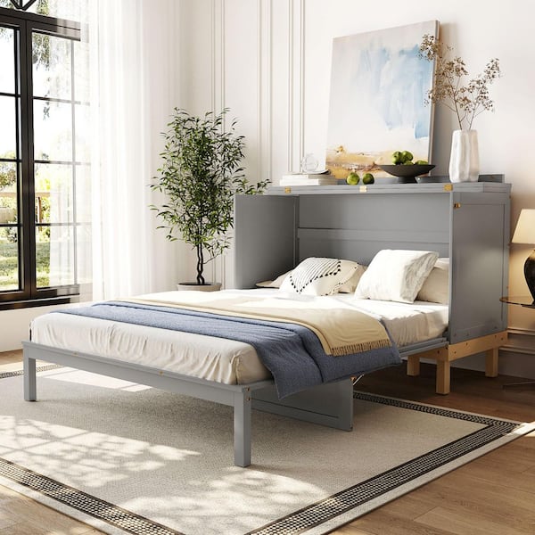 Gray Pine Wood Frame Queen Size Murphy Bed
