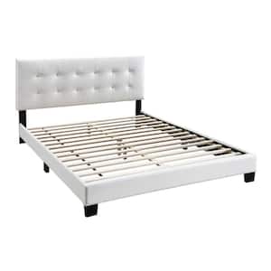 White Wooden Frame Queen Platform Bed with Checkered Tufted Headboard