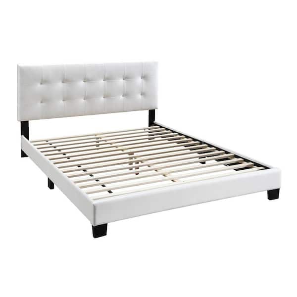 Benjara White Wooden Frame Queen Platform Bed with Checkered Tufted ...