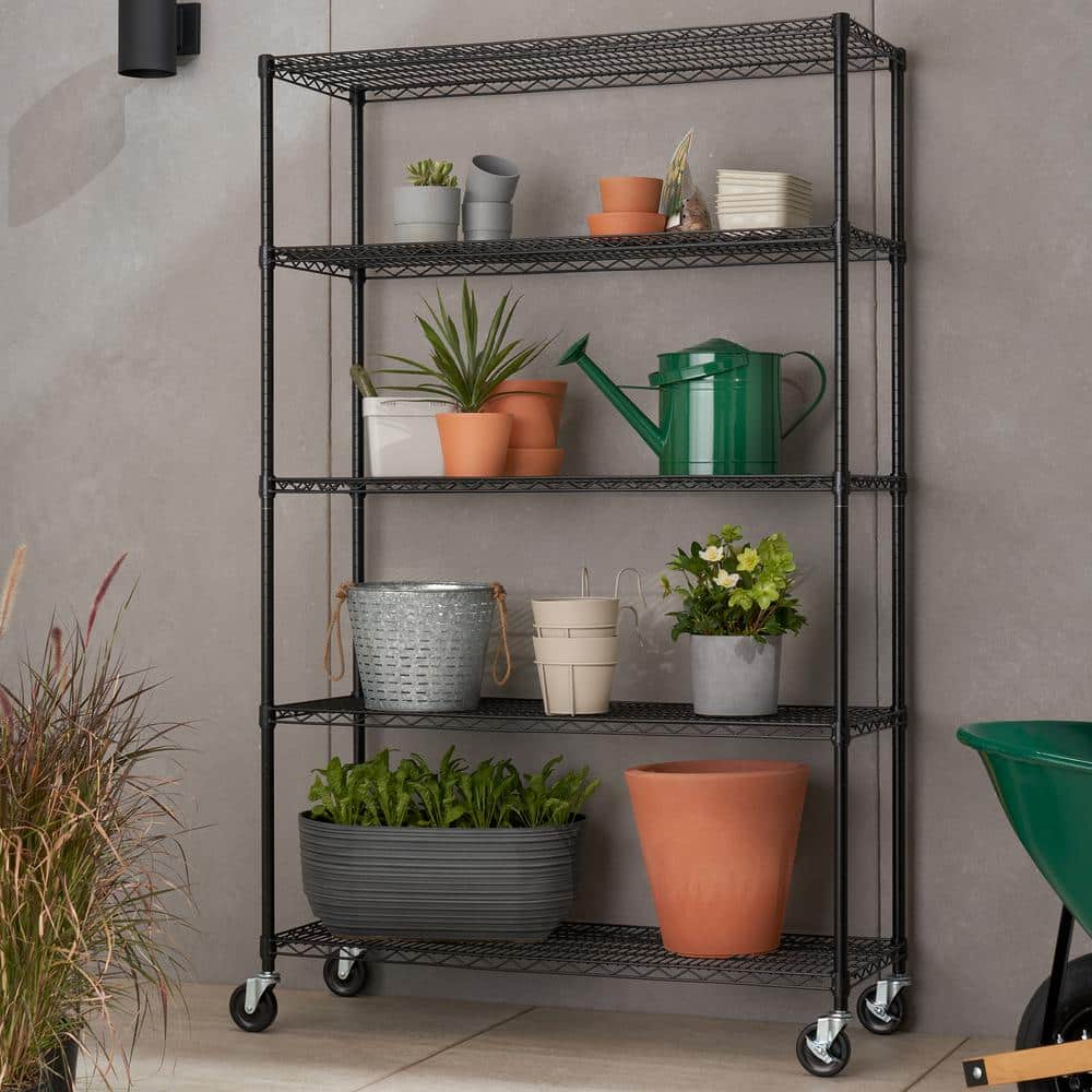 Trinity Black Epoxy 5-Tier 48x18x77 Wire Shelving with Wheels