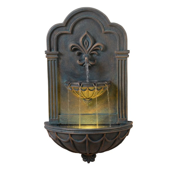 Fleur-de-lis Outdoor Cascade Water Fountain with Warm Glow Lighting, Adjustable Flow and Electric Pump, Antique Cooper