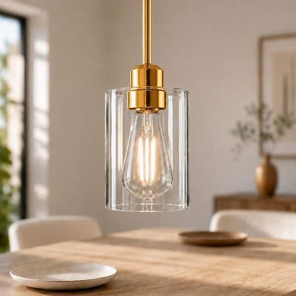 YANSUN 1-Light Gold Vintage Pendant Light with Tulip Green Glass