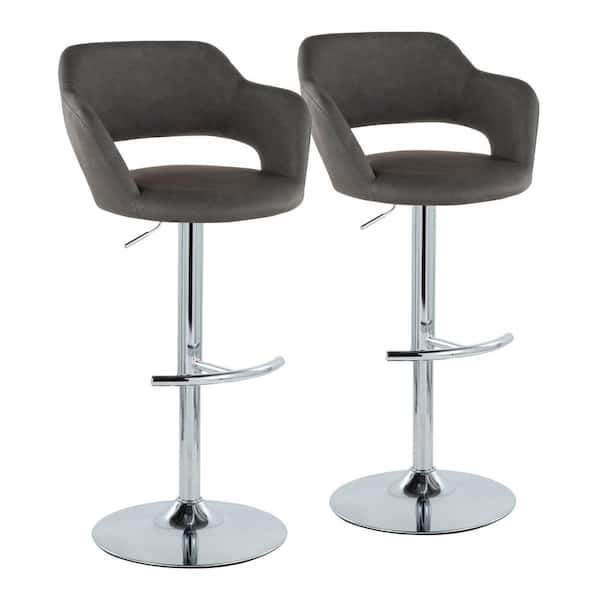 Lumisource Margarite 32.75 in. Grey Faux Leather and Chrome Metal Adjustable Barstool (Set of 2)