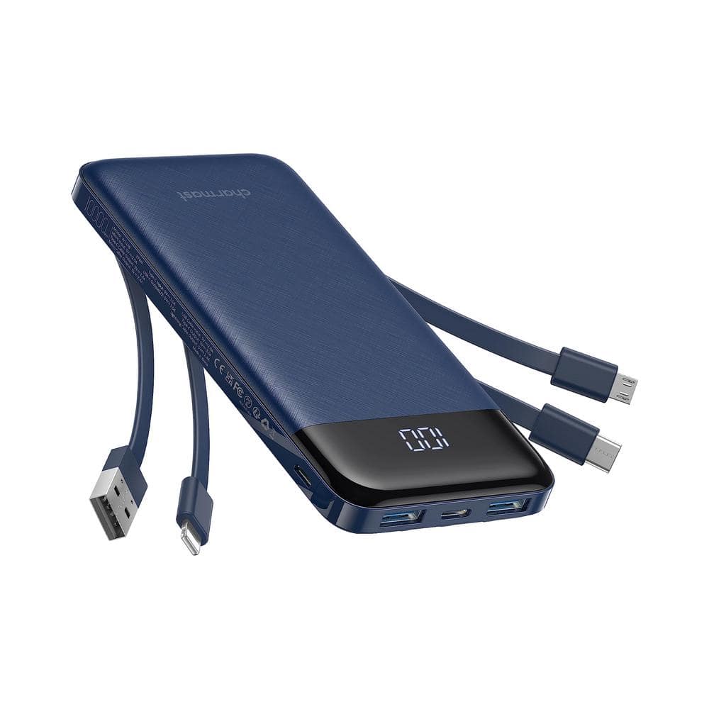 10000 mAh Portable Charger with Built in Slim Cables, 6 Outputs-Blue