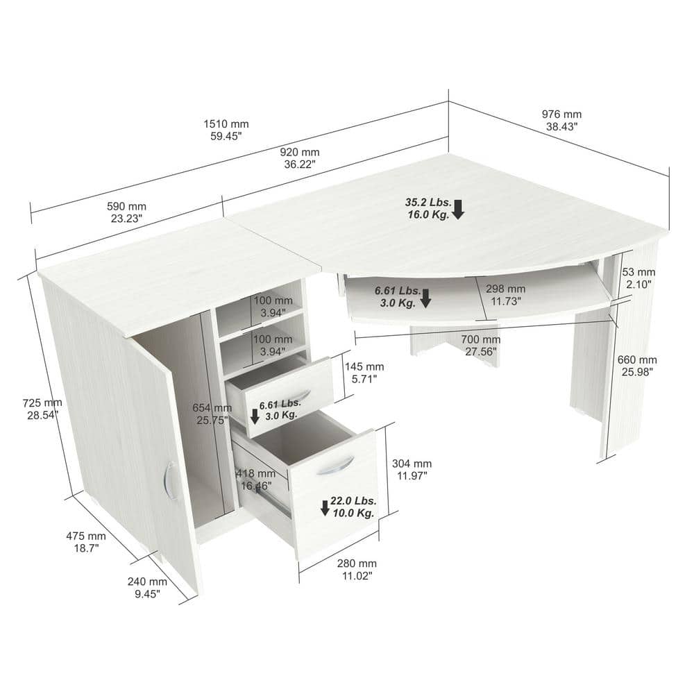 White L-Shaped Corner Desk with Drawers and Keyboard Tray
