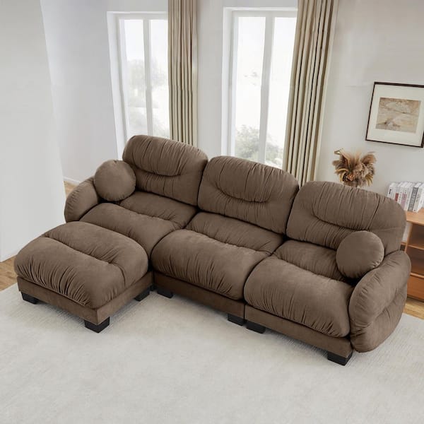 116.1 in. Round Arms Chenille L-Shaped Modular Sectional Sofa in Brown with Ottoman and Throw Pillows