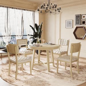 Rustic Style 5-Piece Natural and Beige Fabric Round Wood Dining Table Set with 4 Upholstered Dining Chairs