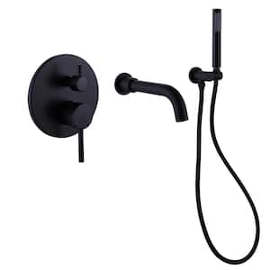 Double-Handle Wall-Mount Roman Tub Faucet with Hand Shower Brass Bathtub Filler in Matte Black