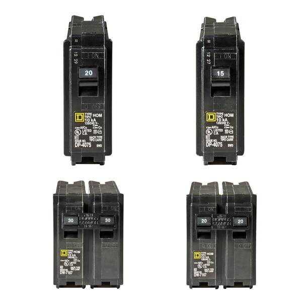 Square D Homeline 1-20 and 1-15 Amp Single-Pole, 1-30 and 1-20 Amp 2-Pole Circuit Breakers (4-pack)