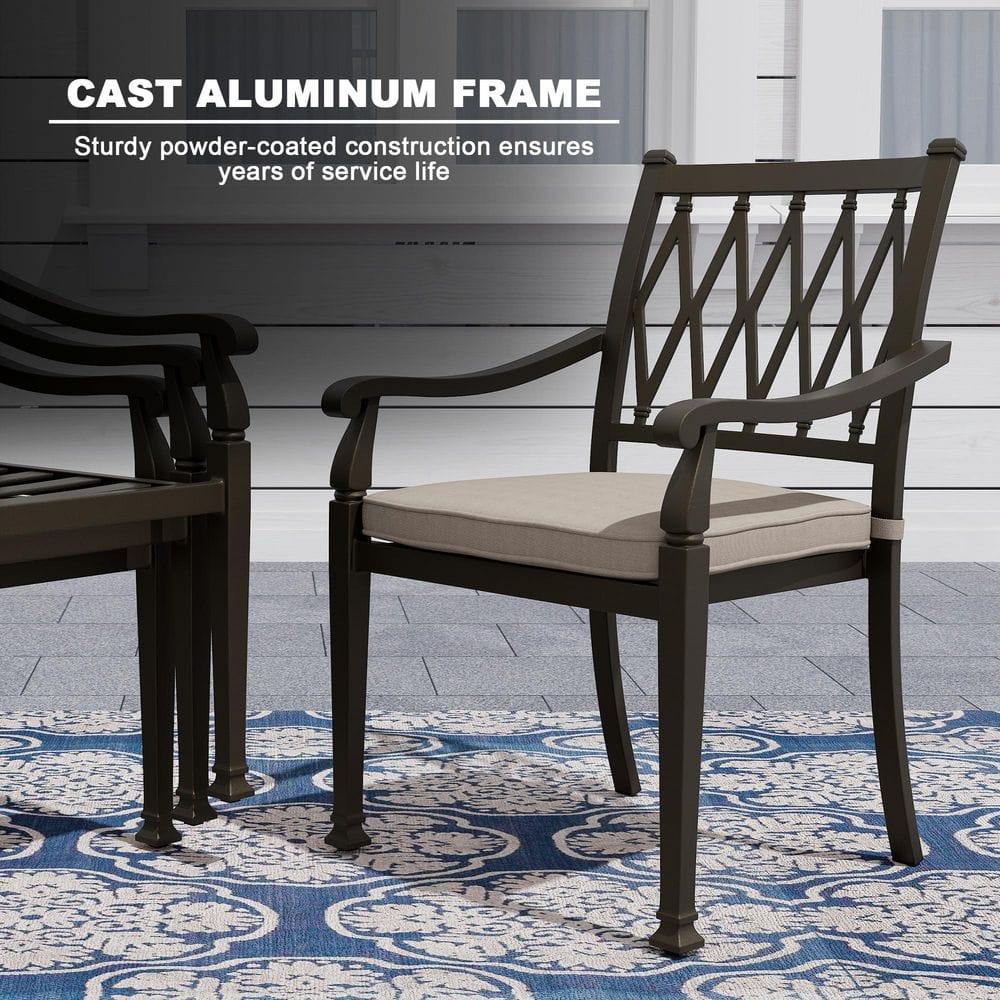 Beige Cushioned Cast Aluminum Outdoor Dining Chairs, Set of 4