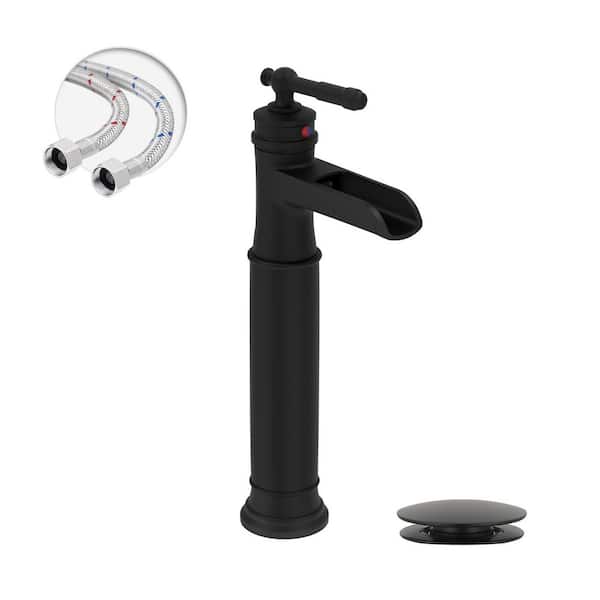 Waterfall Single Hole Single-Handle Vessel Sink Faucet Bathroom Faucet With Pop-up Drain Assembly in Matte Black