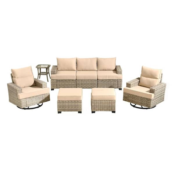 Kelleys 8-Piece Wicker Modern Outdoor Patio Conversation Sofa Set with Swivel Chairs and Beige Cushions