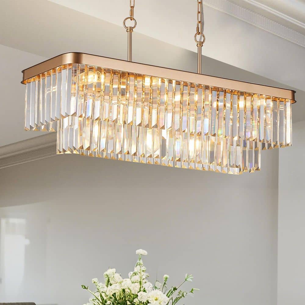 8-Lights K9 Crystal Gold Rectangular Raindrop Crystal Chandelier Pendant Li