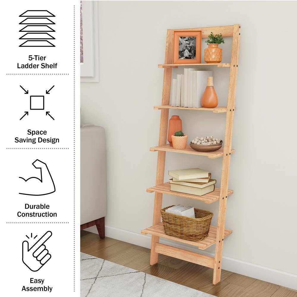 Oak 5-Tier Leaning Ladder Bookshelf for Home Decor