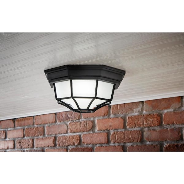 10.5 in. 1 Light Black Weather Resistant Integrated LED Outdoor Ceiling Light Flush Mount with Frosted Glass Shade