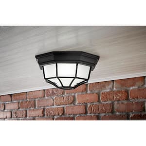10.5 in. Black LED Outdoor Ceiling Flush Mount with Frosted Glass Shade