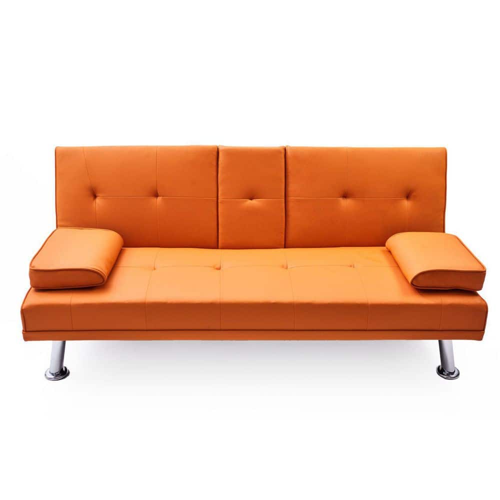 JASMODER 67 in. W Orange Faux Leather Twin Size Sofa Bed for Home or Office Use W90453074 The