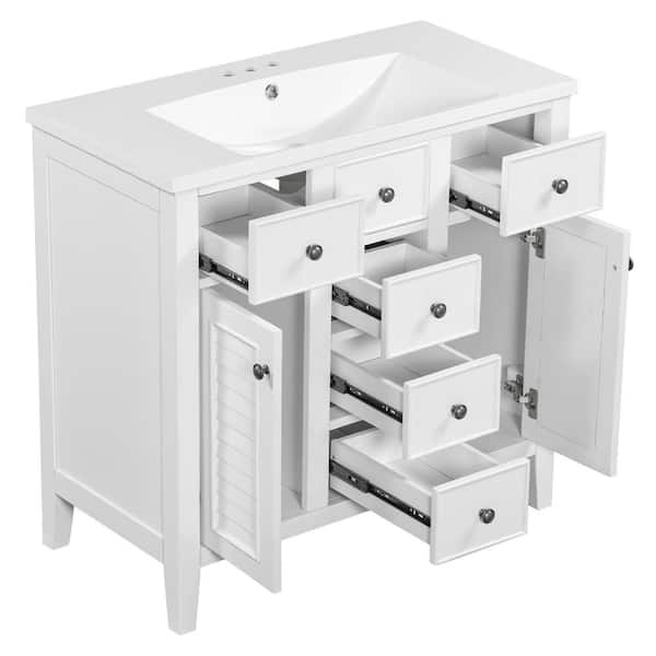 cadeninc 36 in. W x 19 in. D x 35 in. H White Bathroom Vanity with Single Sink and Ceramic Top, 2-Cabinets, 5-Drawers