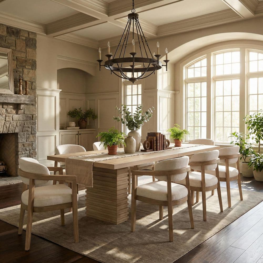 Delmar Modern 9-Piece Wood Top Dining Table Set with Upholstered Arm Chairs, Light Ash+Beige, Seats 8