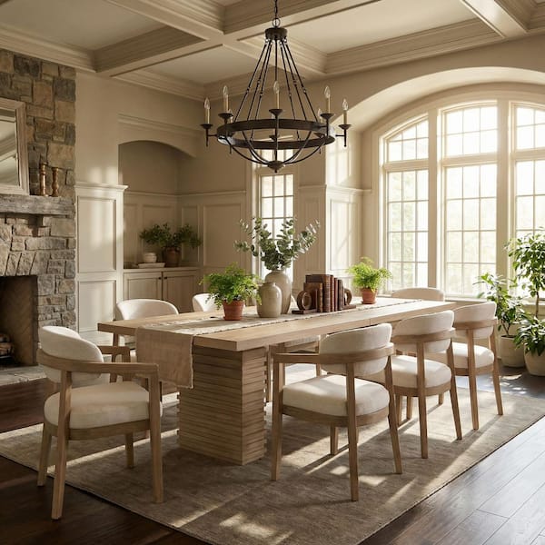 Delmar Modern 9-Piece MDF Wood Top Dining Table Set with Upholstered Arm Chairs, Light Ash Plus Beige, Seats 8