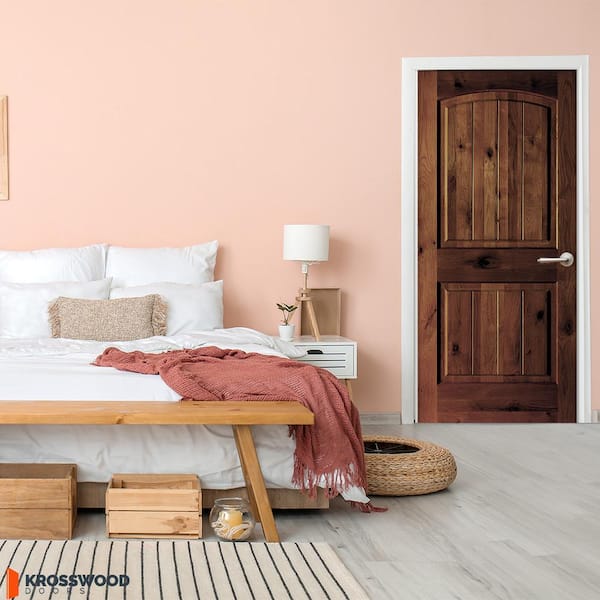 DIY 32 in. x 80 in. Alder Left-Hand Red Mahogany Stain V-Groove Wood Single Interior Door Kit w/ Quick Assemble Jamb