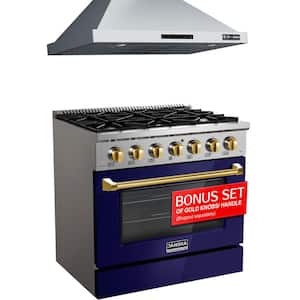 36 in. 870 CFM Wall-Mount Range Hood and 36 in. 5.2 cu. ft. Gas Range with Convection Oven in Glossy Blue