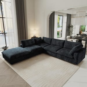 157.48 in. W Square Arm Soft Faux Rabbit Fur Velvet Modular Sectional Sofa with Ottoman in Black