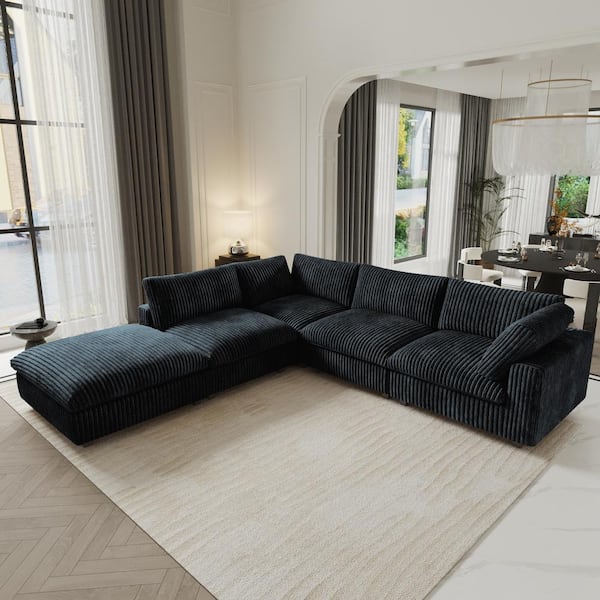 157 in. Square Arm Faux Rabbit Fur Velvet 5-Piece Free Combination Cloud Modular Sectional Sofa with Ottoman in Black