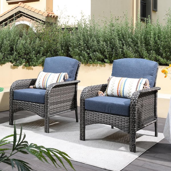 HOOOWOOO Venice Gray 2-Piece Wicker Modern Outdoor Patio Conversation Chair Seating Set with Denim Blue Cushions