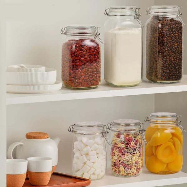 3-Piece Glass Food Storage Canister Set with Airtight Lids Square Containers Clear Seal Wire Clip for Flour Cereal