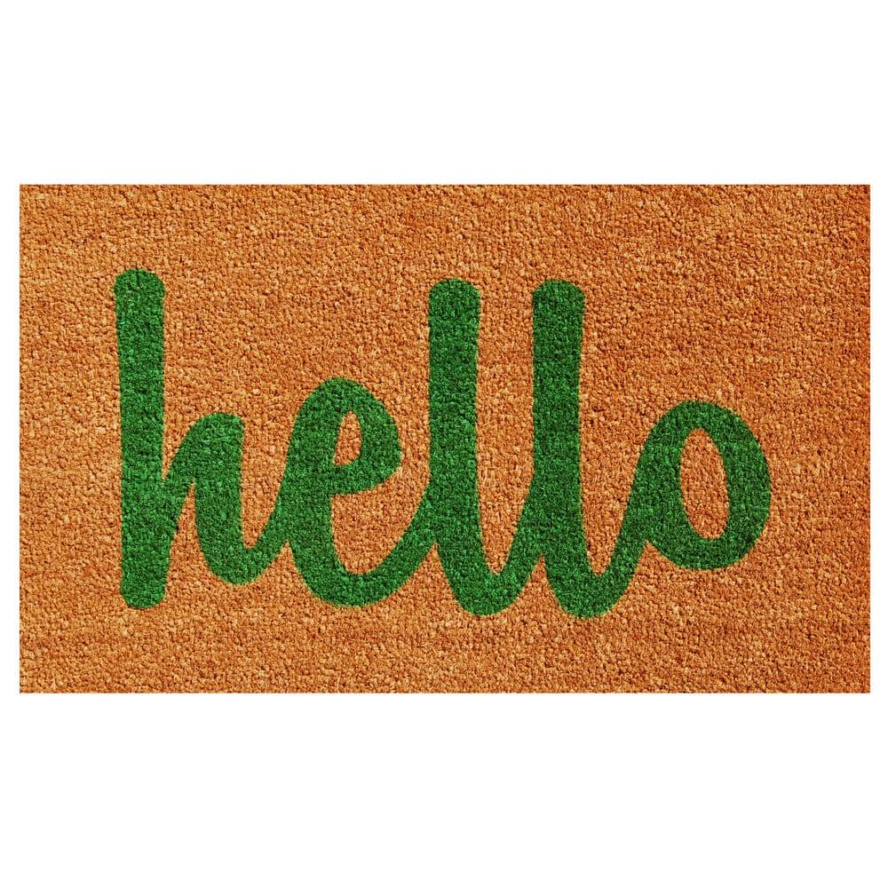 Hello Natural/Green Script 24 in. x 36 in. Door Mat