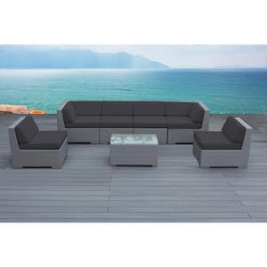 Gray 7-Piece Wicker Patio Seating Set with Sunbrella Coal Cushions