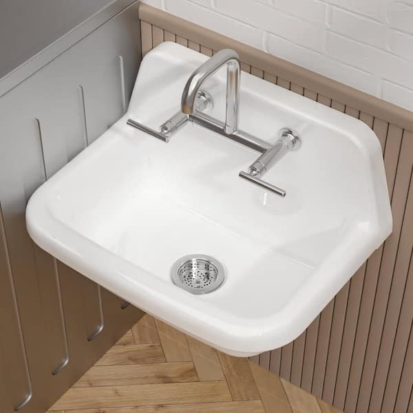 High Back 24 in. White Fireclay Kitchen Sink Wall Mount/Drop-In, Single Bowl for Laundry, Kitchen, Bathroom