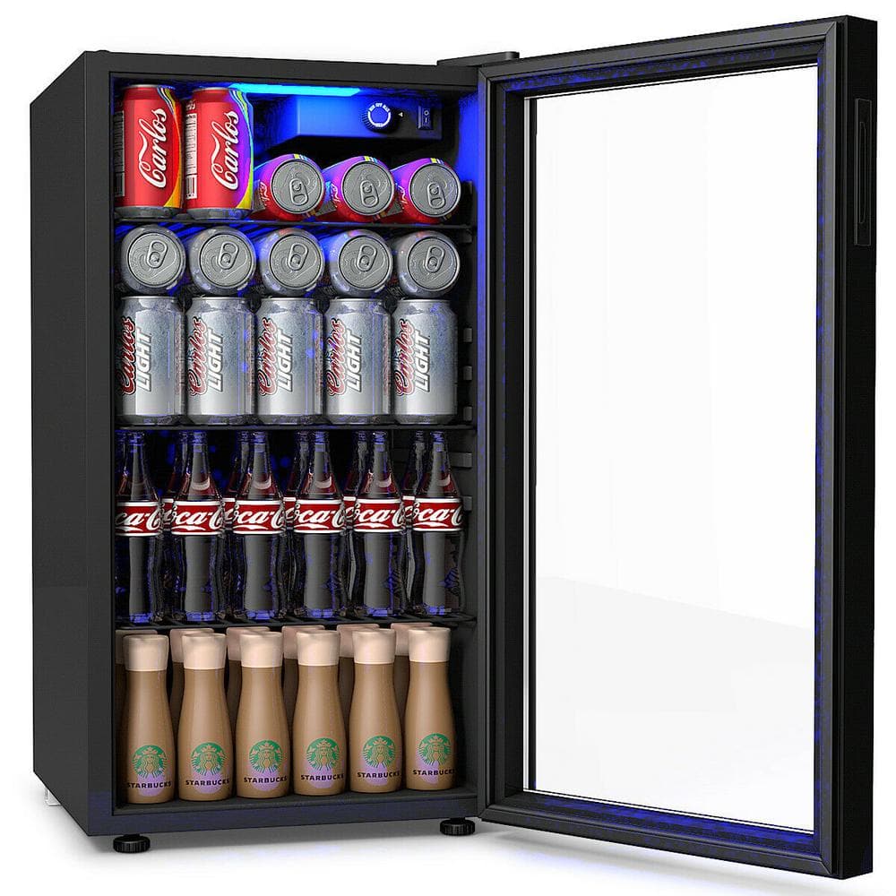 Compact Black 120-Can Beverage Refrigerator with Glass Door