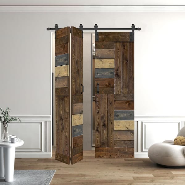 ISLIFE S Style 60in.x84in.(15''X84''X4panels) Multi-Color Solid Wood Bi-Fold Barn Door With Hardware Kitb-Assembly Needed