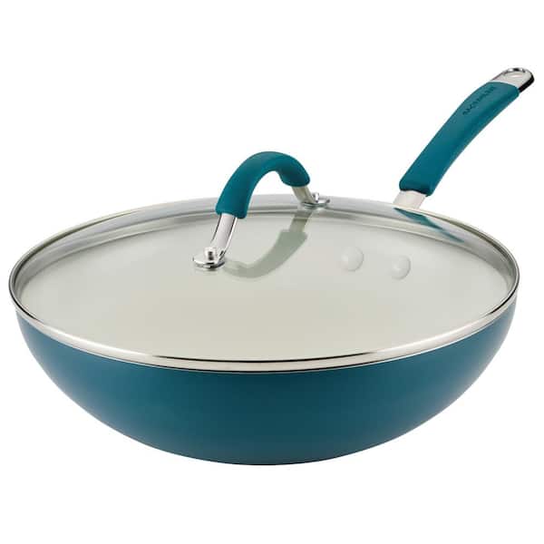 Cucina Ceramic Aluminum 11  in. Marine Blue Aluminum Nonstick Stir Fry Pan with Lid, Electric, Gas Stovetop Suitable
