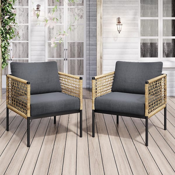 JEAREY Outdoor Upholstered Natural Rattan Accent Lounge Chair with Cushion, Dark Gray(Set of 2)