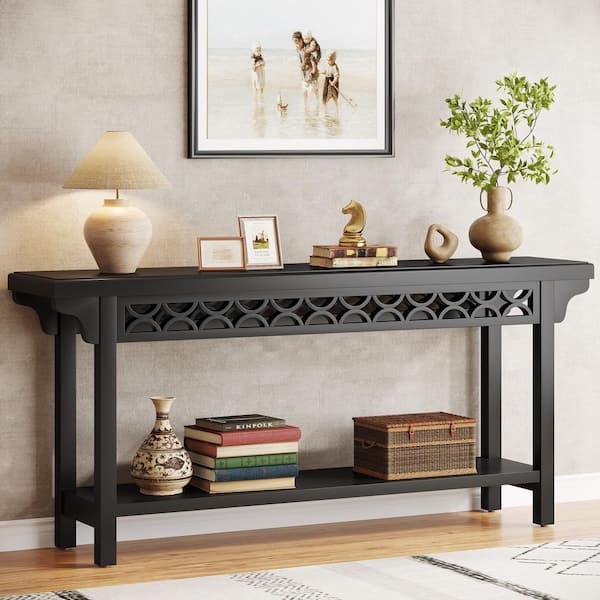 BYBLIGHT Turrella 70.8 in. Black Rectangle Solid Wood Console Table with Shel