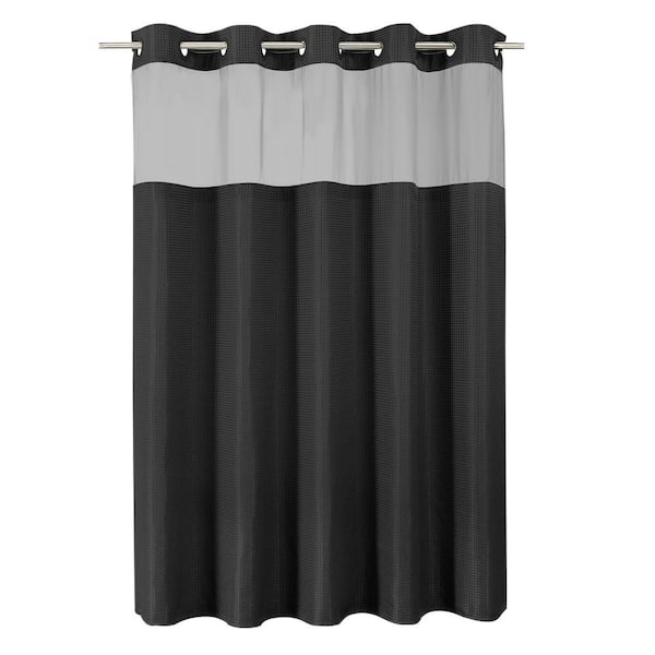 72 in. W x 75 in. L Black No Hook Shower Curtain with Snap in Fabric Liner, Waffle Weave Thick Shower Curtains