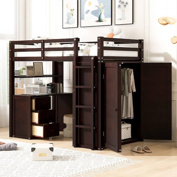 Harper & Bright Designs Espresso Twin size Loft Bed with Drawers, Desk and Wardrobe