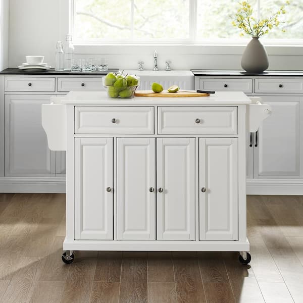 Full Size White Kitchen Cart with White Granite Top