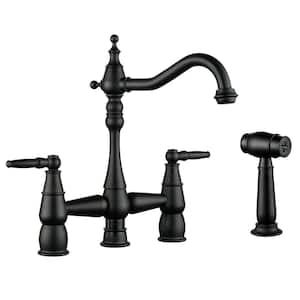 Deck Mounted 4-Hole Double Handle Bridge Kitchen Faucet Solid Brass with Side Sprayer in Matte Black