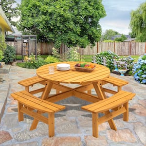 27.55 in. H x 70.07 in. W, 8-Person Round Natural Wood Outdoor Dining Table with Seat